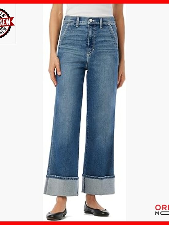 Denim - High Rise Wide Leg Denim Trousers with Slant Pockets and Cuffs